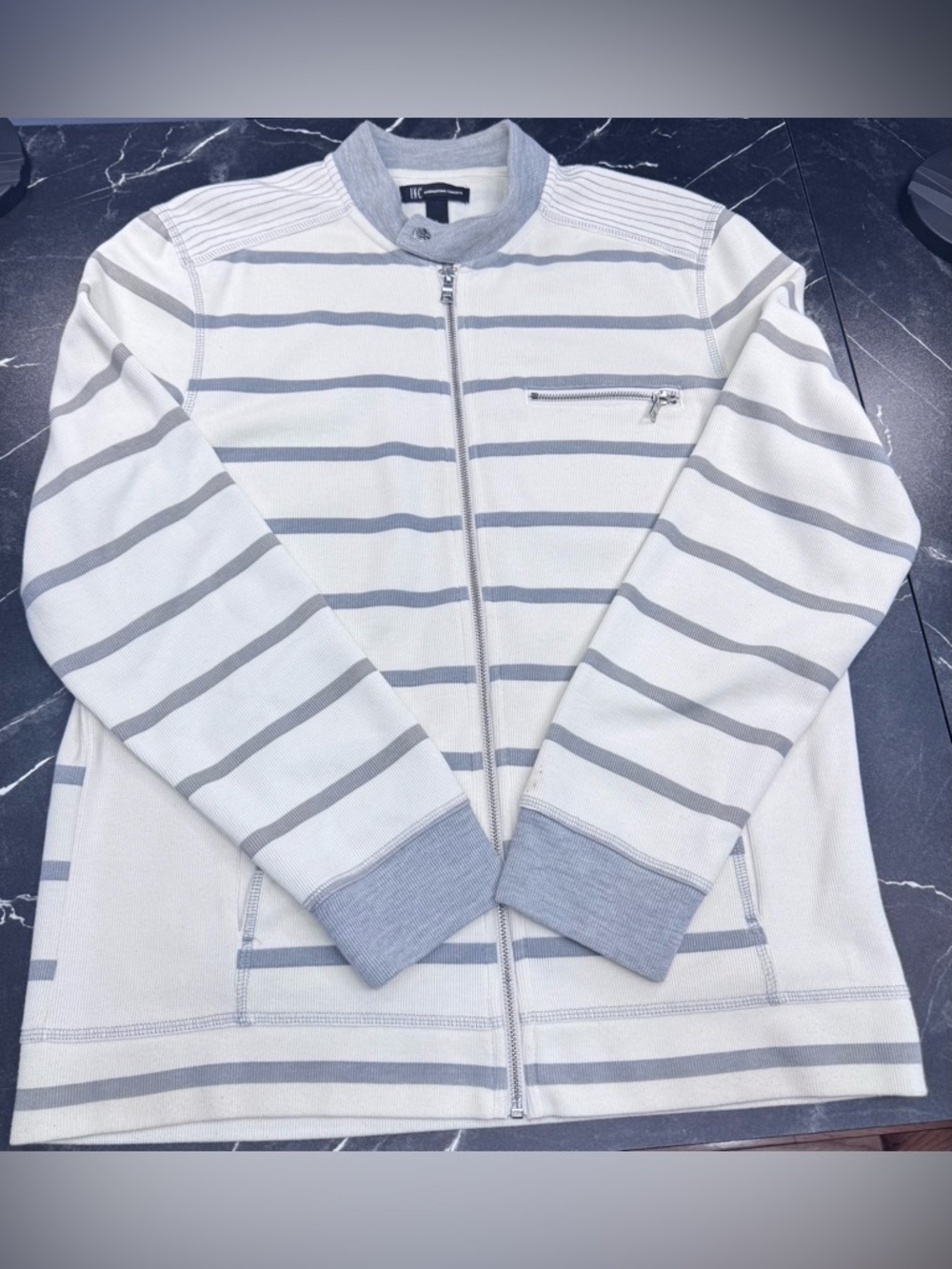 INC Mens Zip Up Sweater L White Gray Stripe Knit Chest Pocket Casual EUC